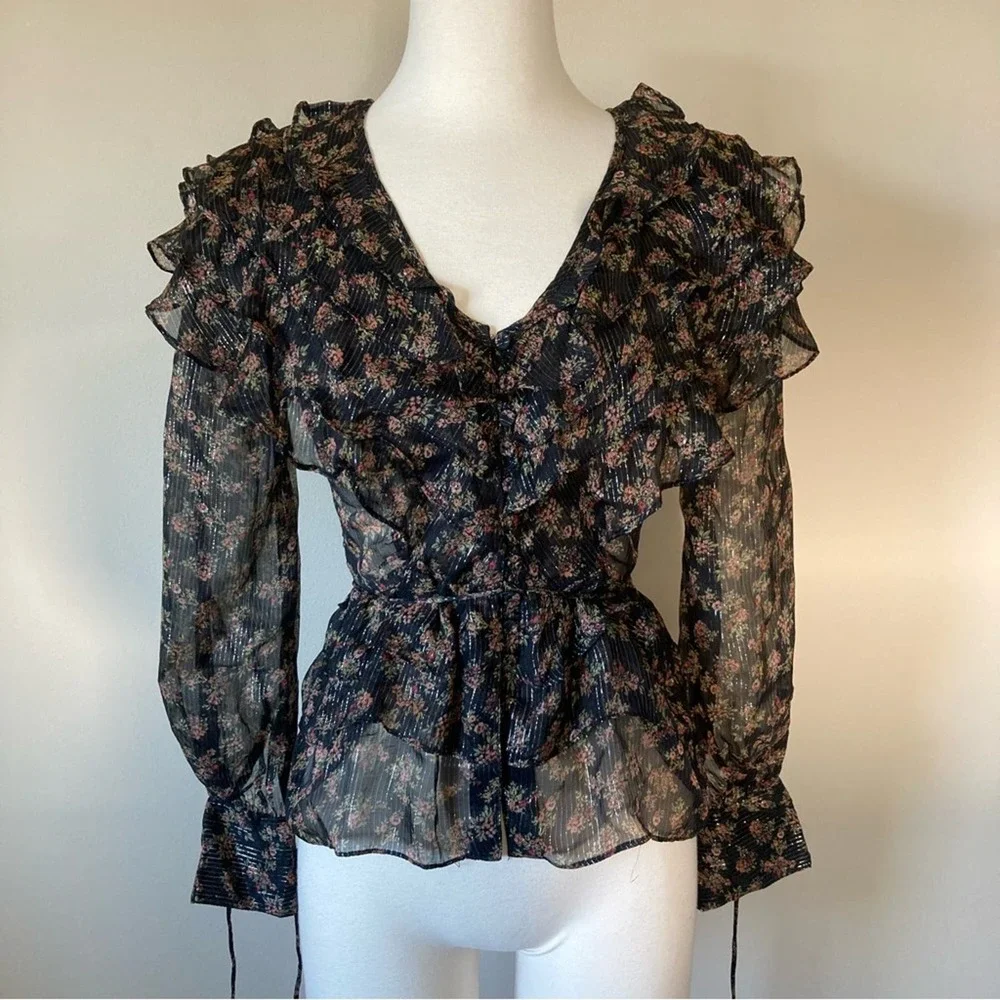 Topshop Tiered Ruffle Floral Button Front Blouse Size 2 - Picture 2 of 9